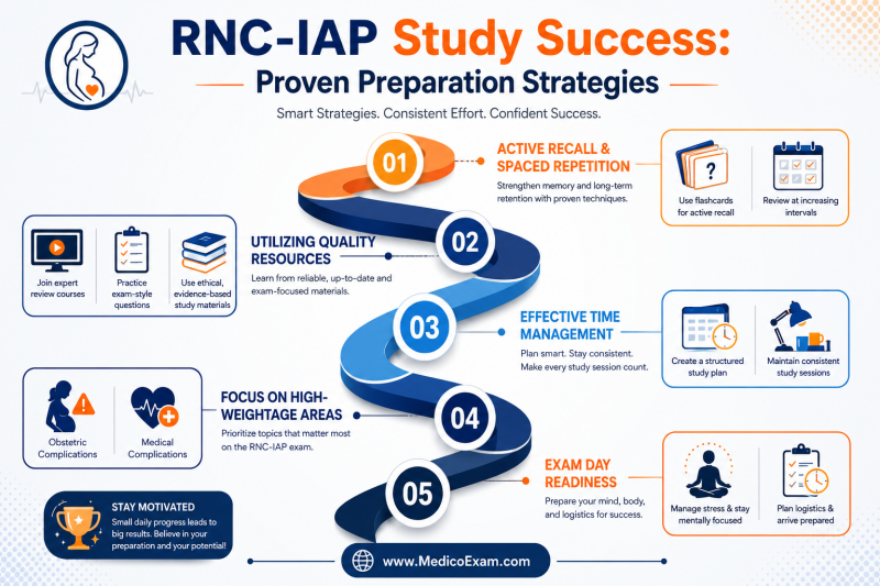 Infographic outlining effective preparation strategies for the RNC-IAP exam, including active recall, resource utilization, time management, and exam day readiness.