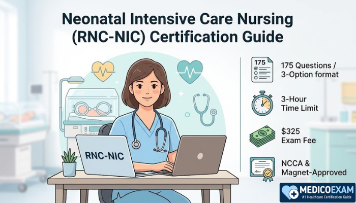 NICU nurse studying for the NCC RNC-NIC exam with laptop, notes, practice tests, and certification progress icons. change title of image