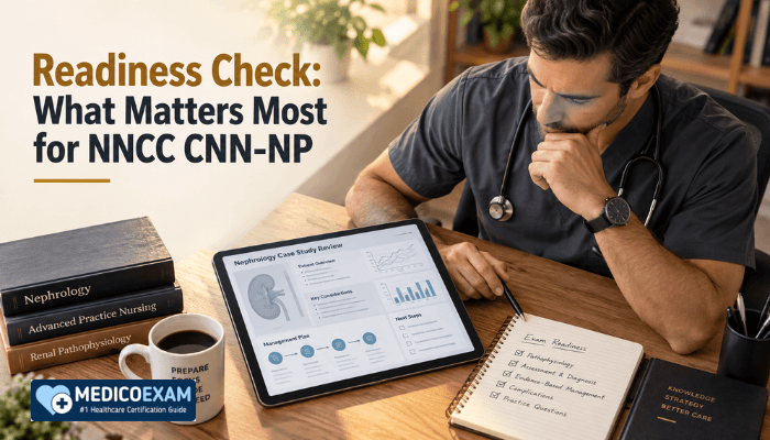 A male nurse practitioner deeply focused on a tablet with nephrology content on an organized desk, seen from a top-down perspective, representing readiness for the NNCC CNN-NP exam.