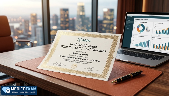 An AAPC COC certificate prominently displayed on a desk with a city skyline background, symbolizing career value and professional achievement.