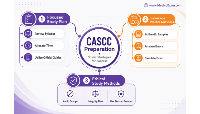 An infographic mapping out smart preparation strategies for the AAPC CASCC exam, including advice on study plans, practice questions, and ethical study methods.