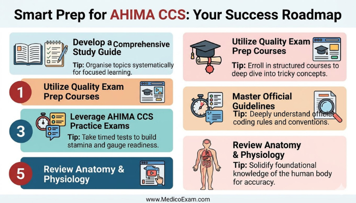 An infographic outlining a strategic roadmap for preparing for the AHIMA CCS exam, including steps like developing a study guide, using prep courses, taking practice exams, and mastering official guidelines for success.
