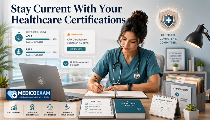 Healthcare professional studying at a desk with laptop, CE paperwork, and planner to stay current with certification renewal requirements.