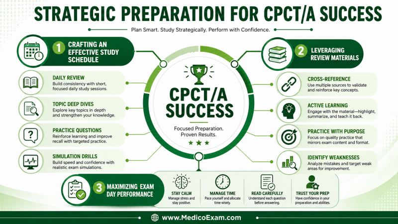 An infographic illustrating strategic preparation for the NHA CPCT/A exam, featuring study schedule components, effective review material usage, and exam day performance tips.