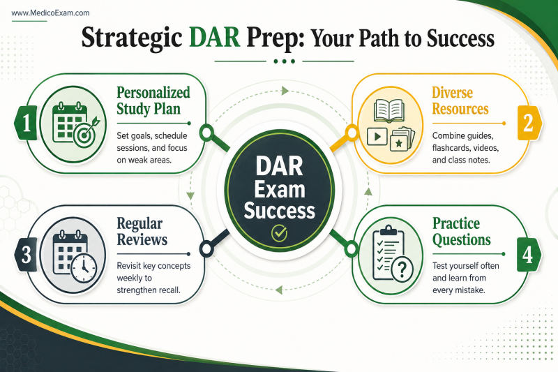 Infographic outlining strategic preparation methods for the AMT DAR exam, presented as a radial diagram with central success and spokes for personalized study, diverse resources, regular reviews, and practice questions.
