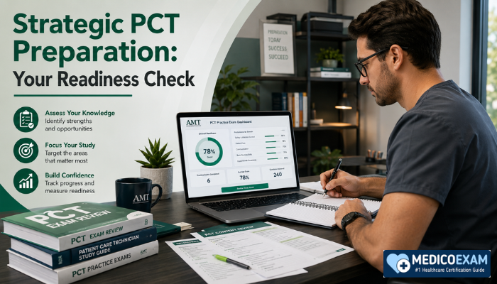 A male healthcare professional reviewing study materials for the AMT PCT exam, highlighting strategic preparation and readiness assessment.
