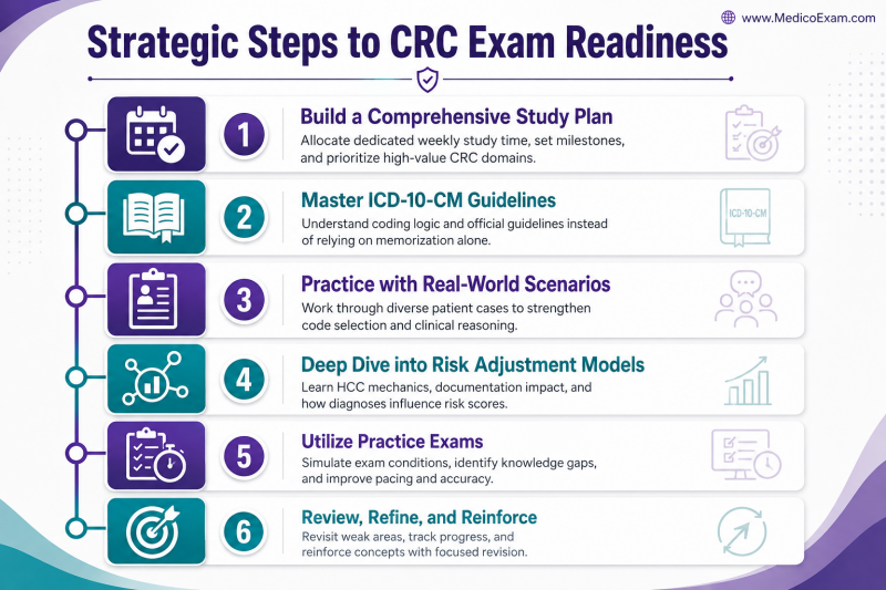Infographic detailing strategic steps for AAPC CRC exam readiness, including building a study plan, mastering guidelines, practicing scenarios, and using practice exams.