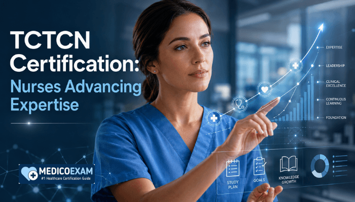 A focused female nurse in scrubs looking at a futuristic digital display with data visualizations, symbolizing professional advancement and specialized knowledge in TCTCN certification. Her determined expression conveys expertise in transplantation nursing.