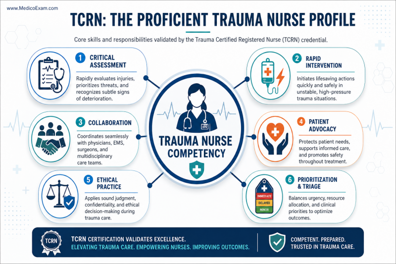 Infographic illustrating the profile of a proficient trauma nurse, highlighting core competencies and responsibilities validated by the TCRN certification.