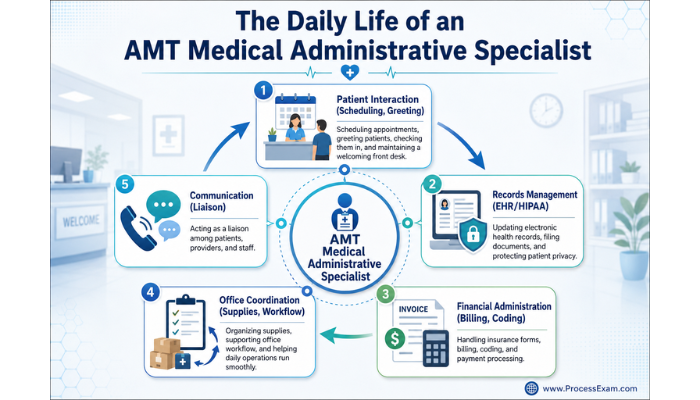 Infographic illustrating the typical responsibilities of an AMT Medical Administrative Specialist, covering patient interaction, records management, financial tasks, office coordination, and communication.