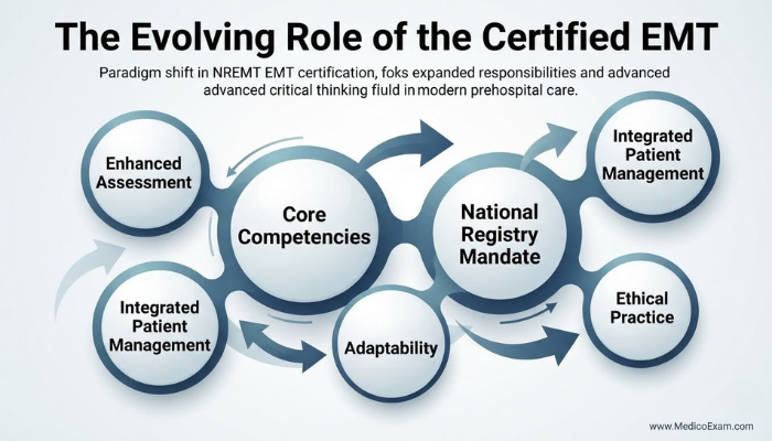 Infographic illustrating the evolving role of an NREMT EMT, highlighting advanced critical thinking, integrated patient management, and expanded responsibilities in modern emergency care.