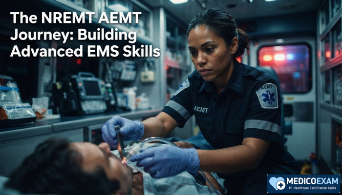 An Advanced EMT, a woman, is performing an advanced airway procedure on a patient in an emergency setting. The focus is on her skilled hands and concentrated expression, highlighting the critical nature of NREMT AEMT interventions.