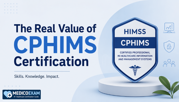 A clean blue healthcare IT banner showing the title “The Real Value of CPHIMS Certification” beside a HIMSS CPHIMS badge, with subtle icons for analytics, security, and teamwork.