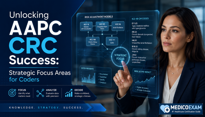A woman intently studies a holographic display showing complex medical codes and risk adjustment data, emphasizing strategic focus for the AAPC CRC exam.
