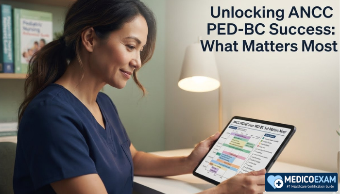 A focused female pediatric nurse thoughtfully reviewing her ANCC PED-BC study plan on a tablet, emphasizing strategic preparation for the certification exam.