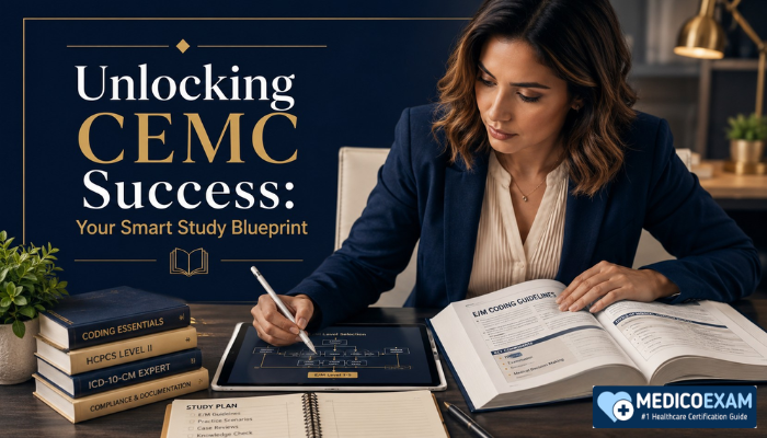 A woman meticulously studies E/M coding guidelines for the AAPC CEMC exam at a desk with textbooks and a tablet displaying a medical coding diagram, symbolizing focused preparation.