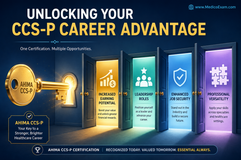 An infographic depicting a key unlocking doors labeled with career benefits such as "Increased Earning Potential" and "Leadership Roles," symbolizing the advantages of AHIMA CCS-P certification.