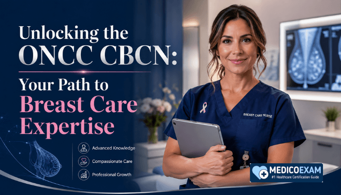 A confident female nurse, wearing scrubs, stands in a modern clinic. She represents expertise in the CBCN certification, embodying the path to becoming a certified breast care nurse.