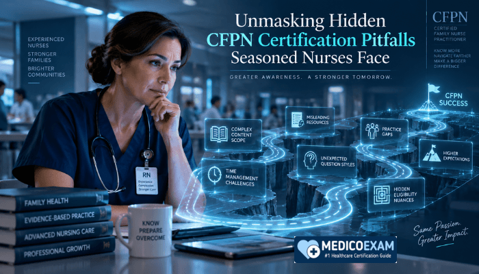 An experienced female nurse looks pensively at a complex digital pathway illustrating hidden pitfalls for the CFPN certification. The image highlights challenges that seasoned professionals might overlook.