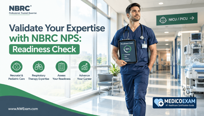 A confident male respiratory therapist in a hospital setting, holding a tablet displaying readiness metrics, symbolizing preparation for the NBRC NPS exam.