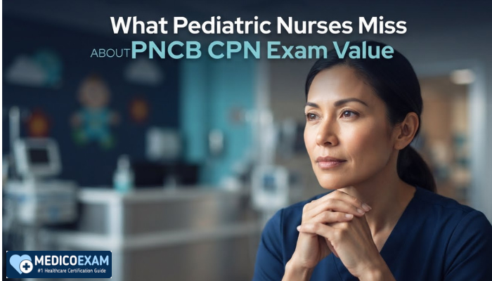 A thoughtful female pediatric nurse reflecting on the significant impact and value of the PNCB CPN certification, with a calm, professional demeanor.