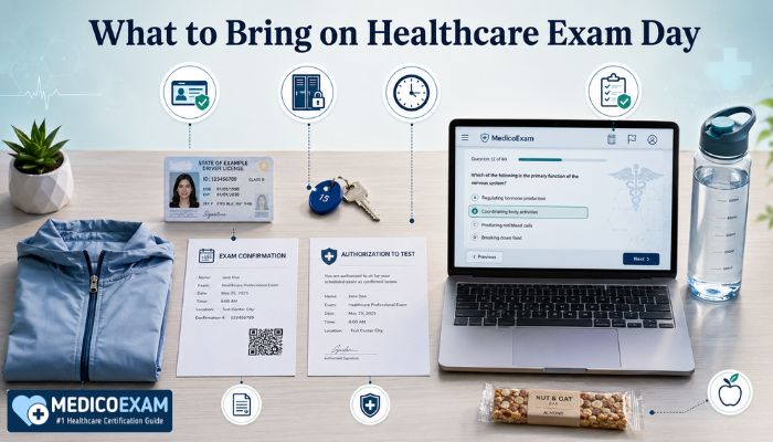 What to bring on healthcare certification exam day including ID, confirmation letter, checklist, and study materials