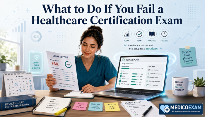 Healthcare certification exam retake illustration showing a student reviewing a score report and preparing a study plan at a desk with a laptop and notes.