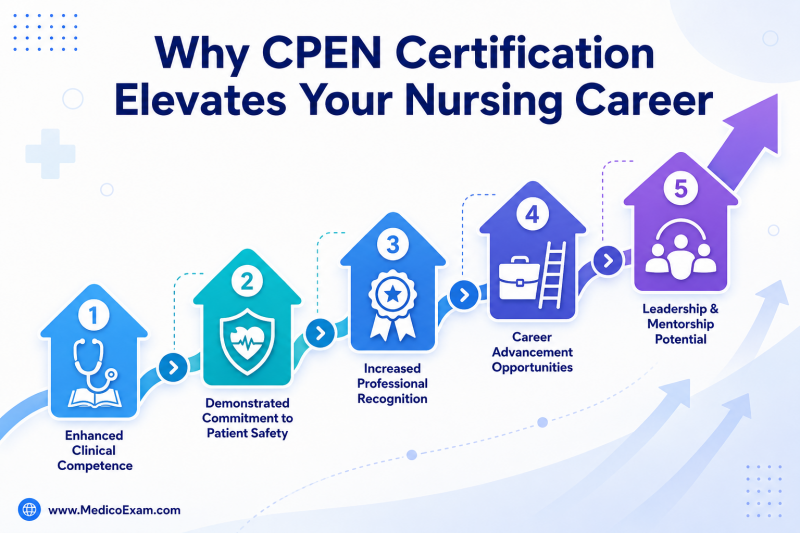 Infographic showing upward pathways of career elevation, illustrating how CPEN certification leads to enhanced competence, recognition, and leadership.