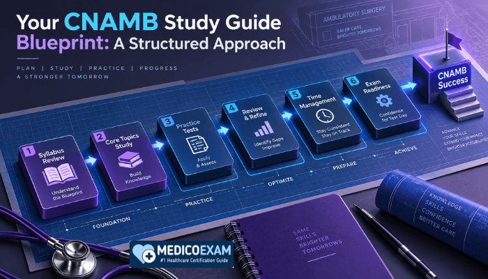 An isometric 3D illustration shows a conceptual blueprint of a structured CNAMB study guide, with interconnected modules representing different preparation phases and resources.