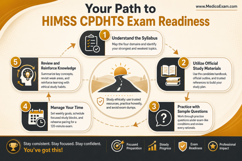 An infographic detailing key preparation steps for the HIMSS CPDHTS exam, covering syllabus understanding, study materials, practice questions, and time management for readiness.