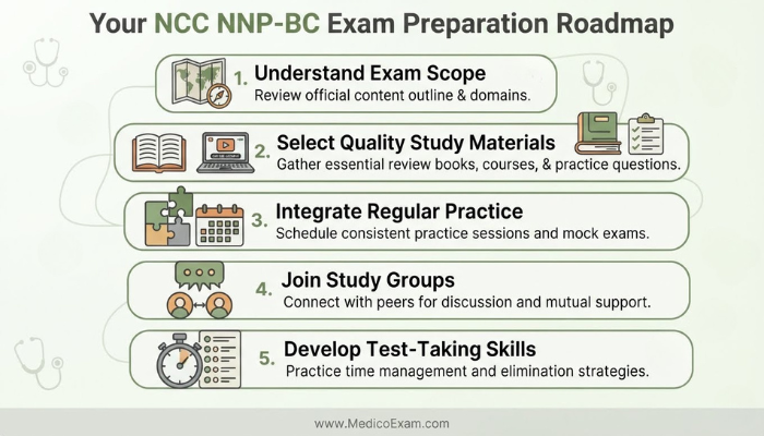 Infographic outlining a five-step preparation roadmap for the NCC NNP-BC exam, covering understanding scope, selecting materials, regular practice, study groups, and test-taking skills.