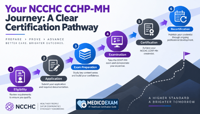 A conceptual infographic illustrating the step-by-step pathway to achieving NCCHC CCHP Mental Health certification.