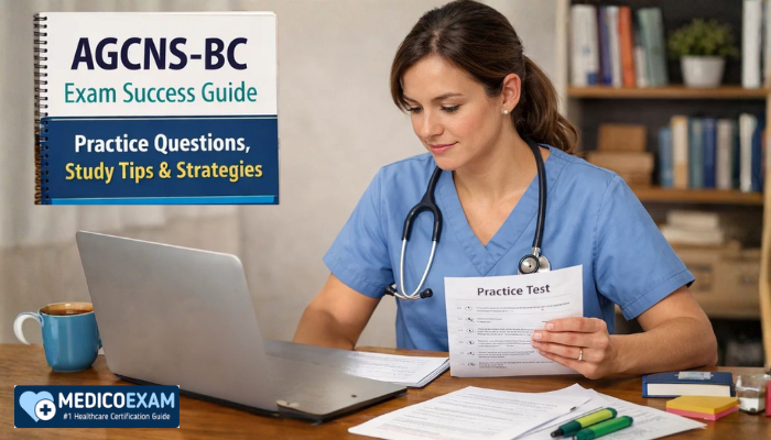 Nurse studying for AGCNS-BC exam with laptop and practice test materials