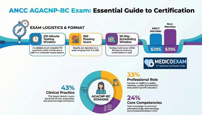 “ANCC AGACNP-BC exam infographic showing exam format, passing score, fees, and certification domains for Acute Care Nurse Practitioners.”