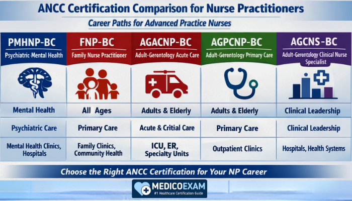 ANCC certification comparison chart for nurse practitioners showing PMHNP-BC, FNP-BC, AGACNP-BC, AGPCNP-BC, and AGCNS-BC with patient focus, care type, and work settings.
