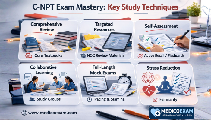 C-NPT exam study techniques infographic showing review resources, flashcards, study groups, mock exams, and stress reduction strategies.