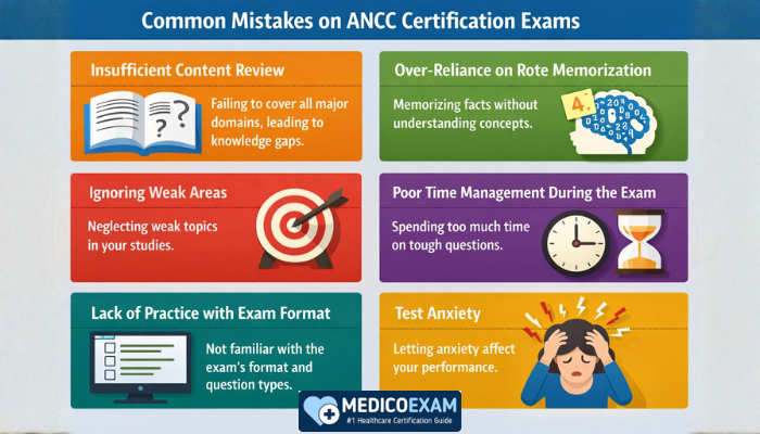 Common mistakes on ANCC certification exams including poor time management, test anxiety, lack of practice questions, and rote memorization.