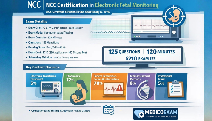 NCC C-EFM certification exam details infographic showing exam format, 125 questions, 120 minutes duration, exam fee, and key content domains in electronic fetal monitoring