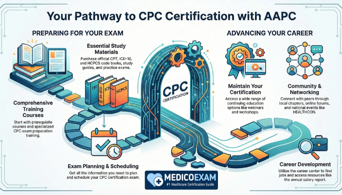 Infographic showing the pathway to CPC certification with AAPC, illustrating exam preparation, study materials, exam planning, certification achievement, career advancement, continuing education, and professional growth.