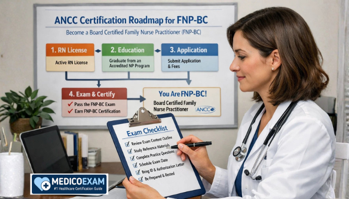 Illustration showing career opportunities with FNP-BC, including primary care clinics, family practice hospitals, community health centers, telehealth, and leadership roles.