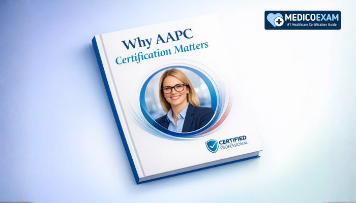 Book cover titled “Why AAPC Certification Matters” featuring a professional woman in glasses inside a circular frame, with a clean blue-and-white design representing healthcare certification and career growth.