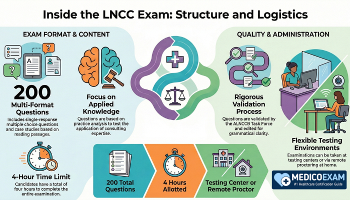 Legal Nurse Consultant certification exam structure infographic showing 200 questions, 4-hour limit, and testing options.