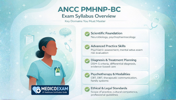 ANCC PMHNP-BC exam syllabus overview with key domains and nurse illustration.