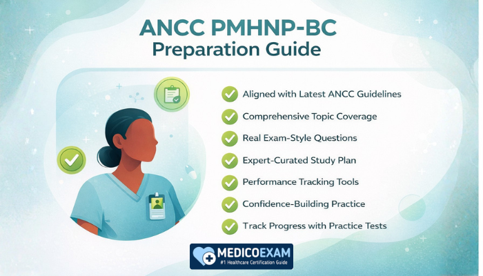 ANCC PMHNP-BC preparation guide highlighting study features and practice tools.
