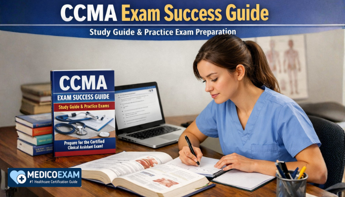 Medical assistant student studying CCMA exam success guide with study book, laptop, and notes for NHA CCMA practice test preparation