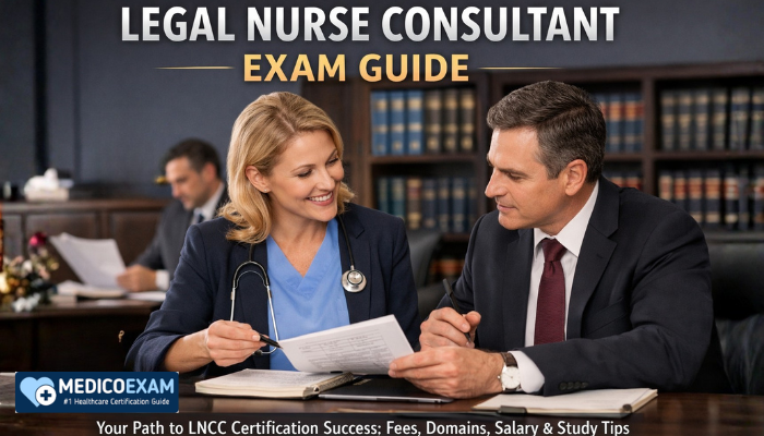 Legal Nurse Consultant exam guide showing nurse and attorney reviewing documents in a law office setting.