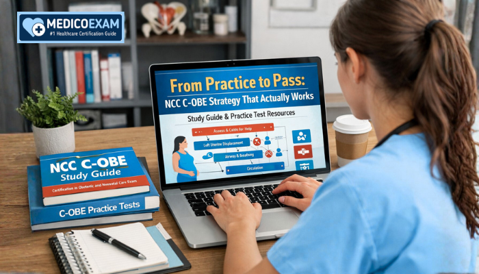 Healthcare student using C-OBE study guide and practice test resources to prepare for maternal and obstetric emergencies