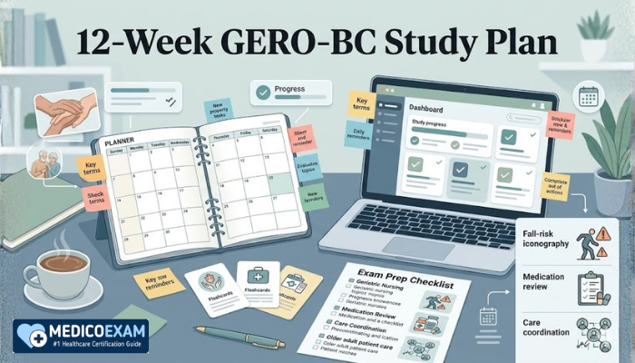 12-week GERO-BC study plan image with planner, laptop, notes, and gerontological nursing exam checklist
