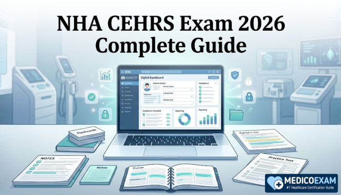 NHA CEHRS Exam 2026 study setup with laptop showing electronic health records dashboard, notes, practice materials, and compliance icons