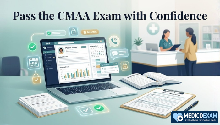 Pass the CMAA exam with confidence banner showing a study desk with laptop, insurance forms, scheduling notes, and healthcare office visuals.